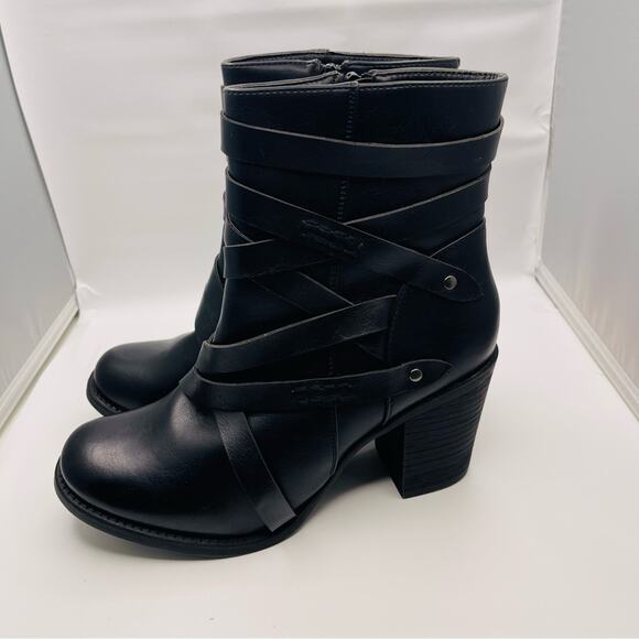 Pierre Dumas black moto strappy block heel ankle booties 9 - Picture 4 of 8